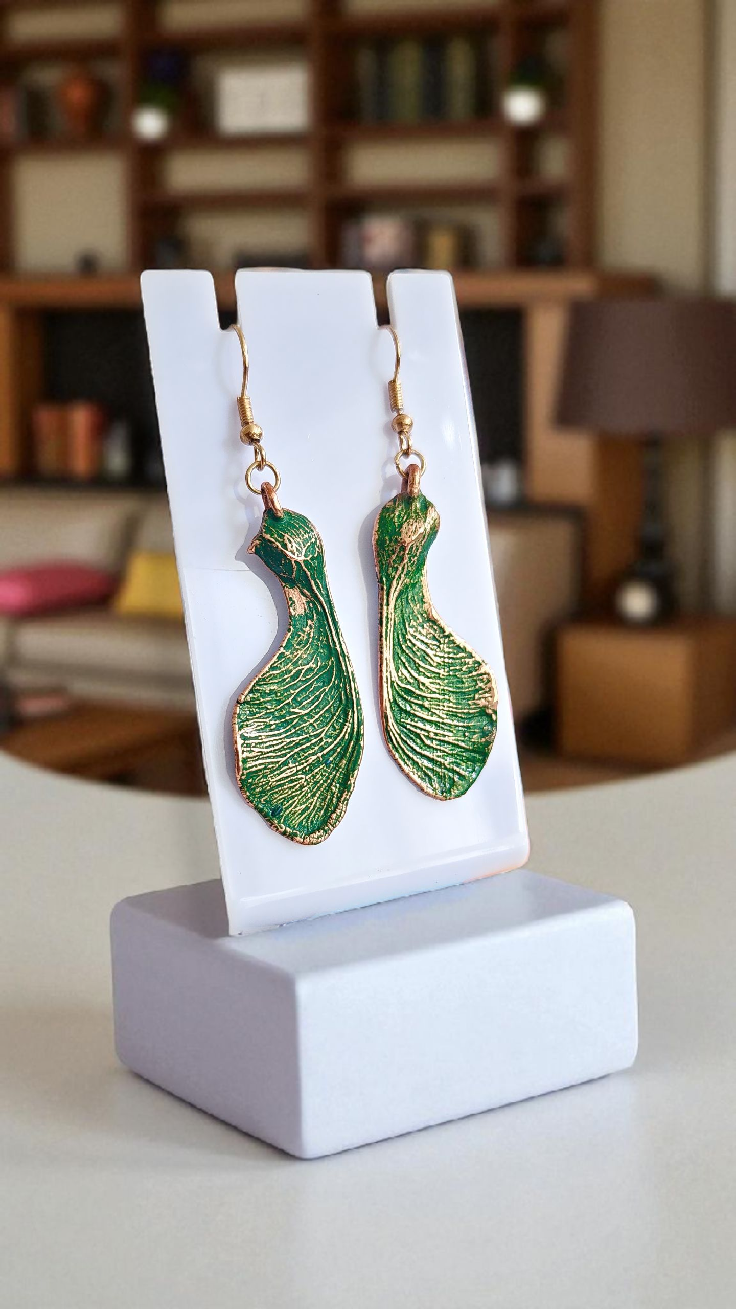Maple Seed Wing Earrings Small, Green Patina