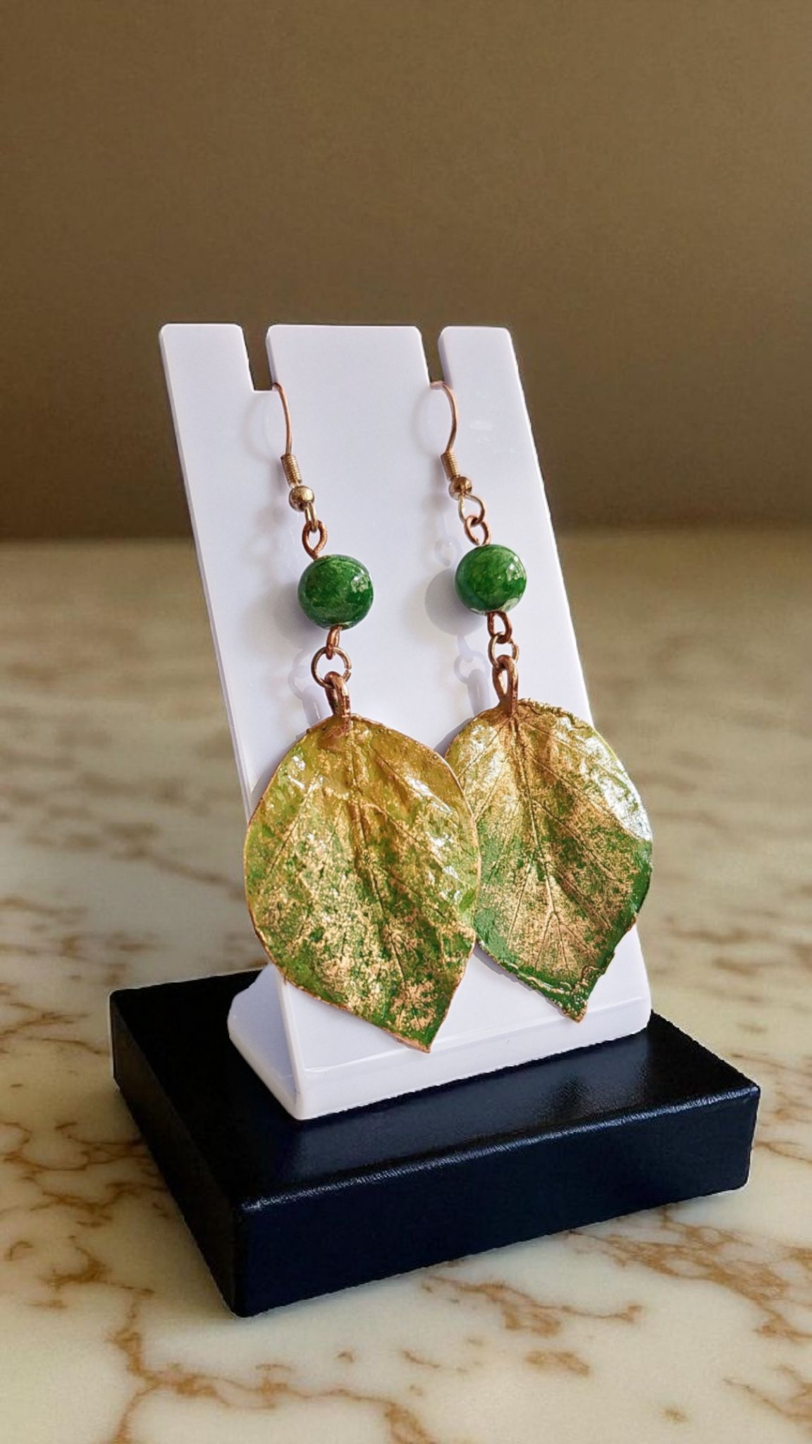 Wild Rose Leaf Earrings with Jade, Green-Gold Patina