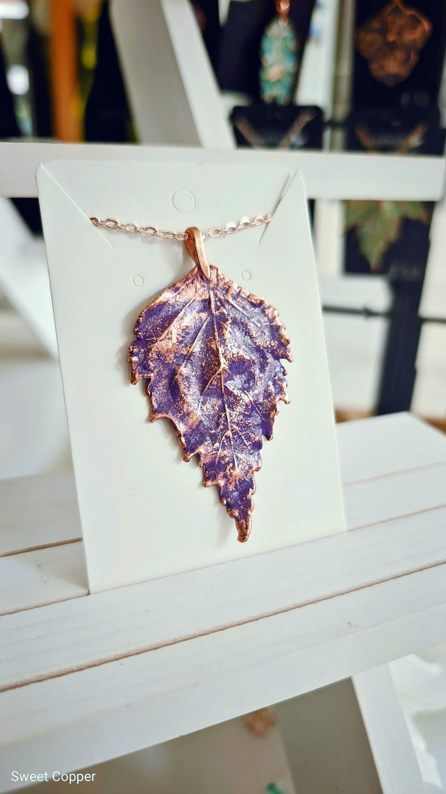 Copper Birch Leaf Pendant. Purple Patina.