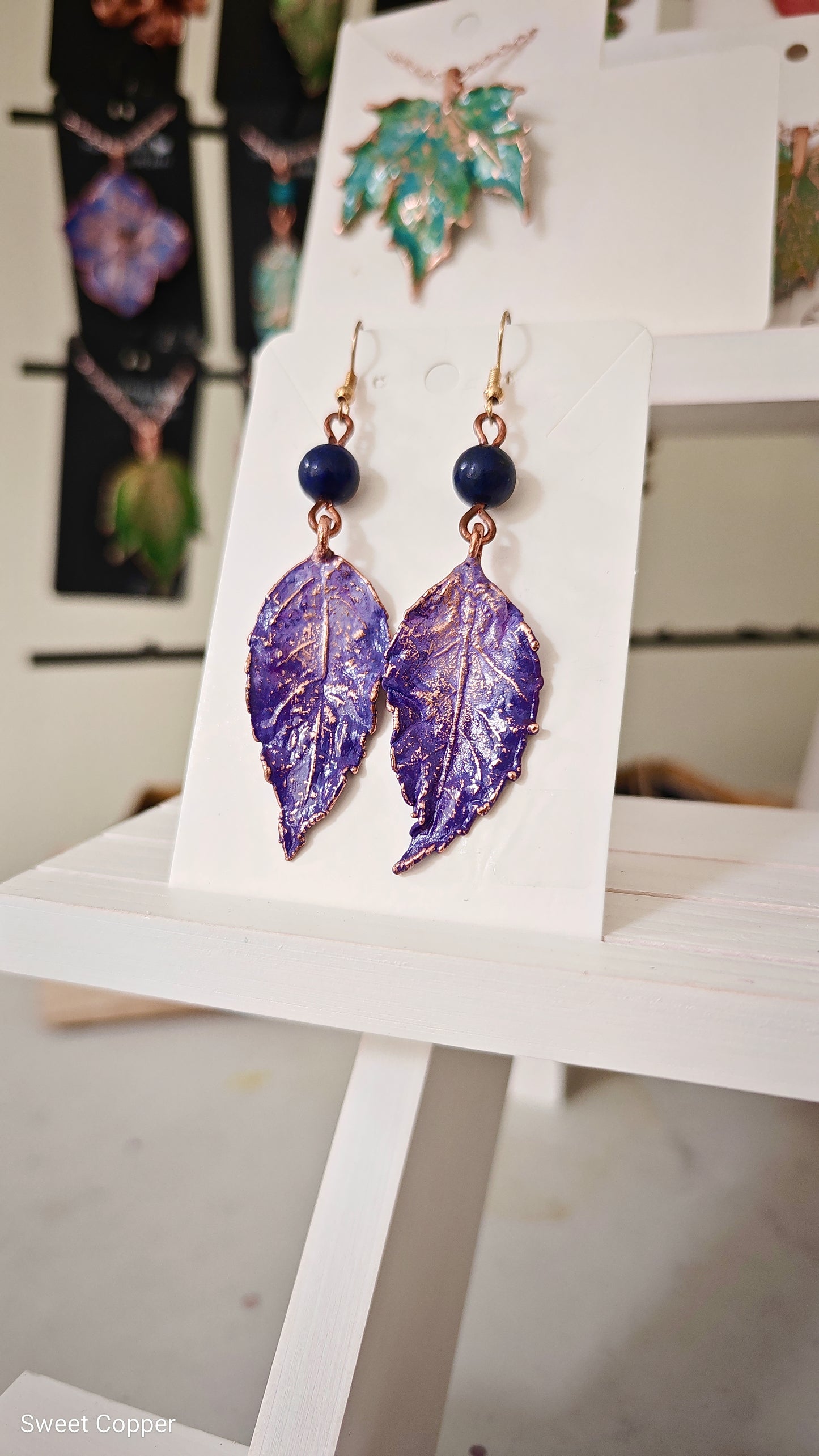 Copper Jewellery Set with Real Rose Leaves and Blue Agate