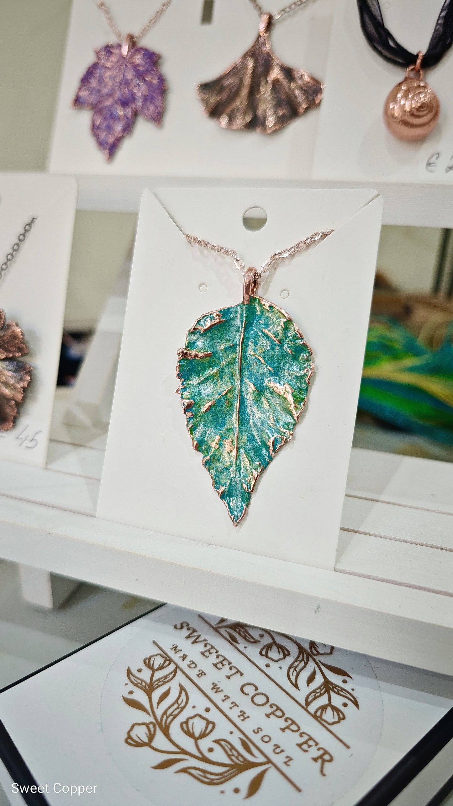 Copper Wild Rose Leaf Pendant – Green Patina Designer Jewellery