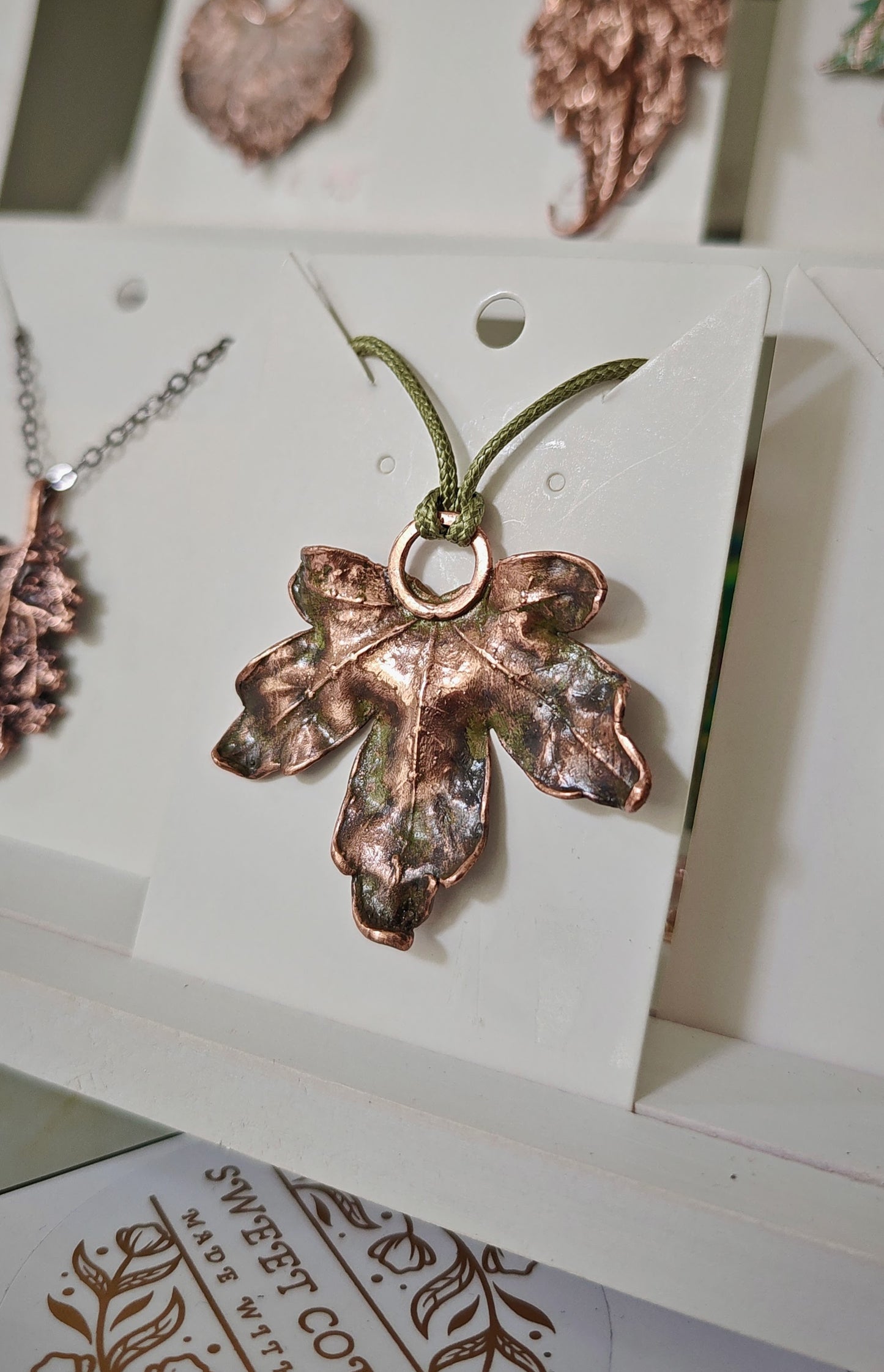 Curly Maple Leaf Pendant Necklace, Olive Patina
