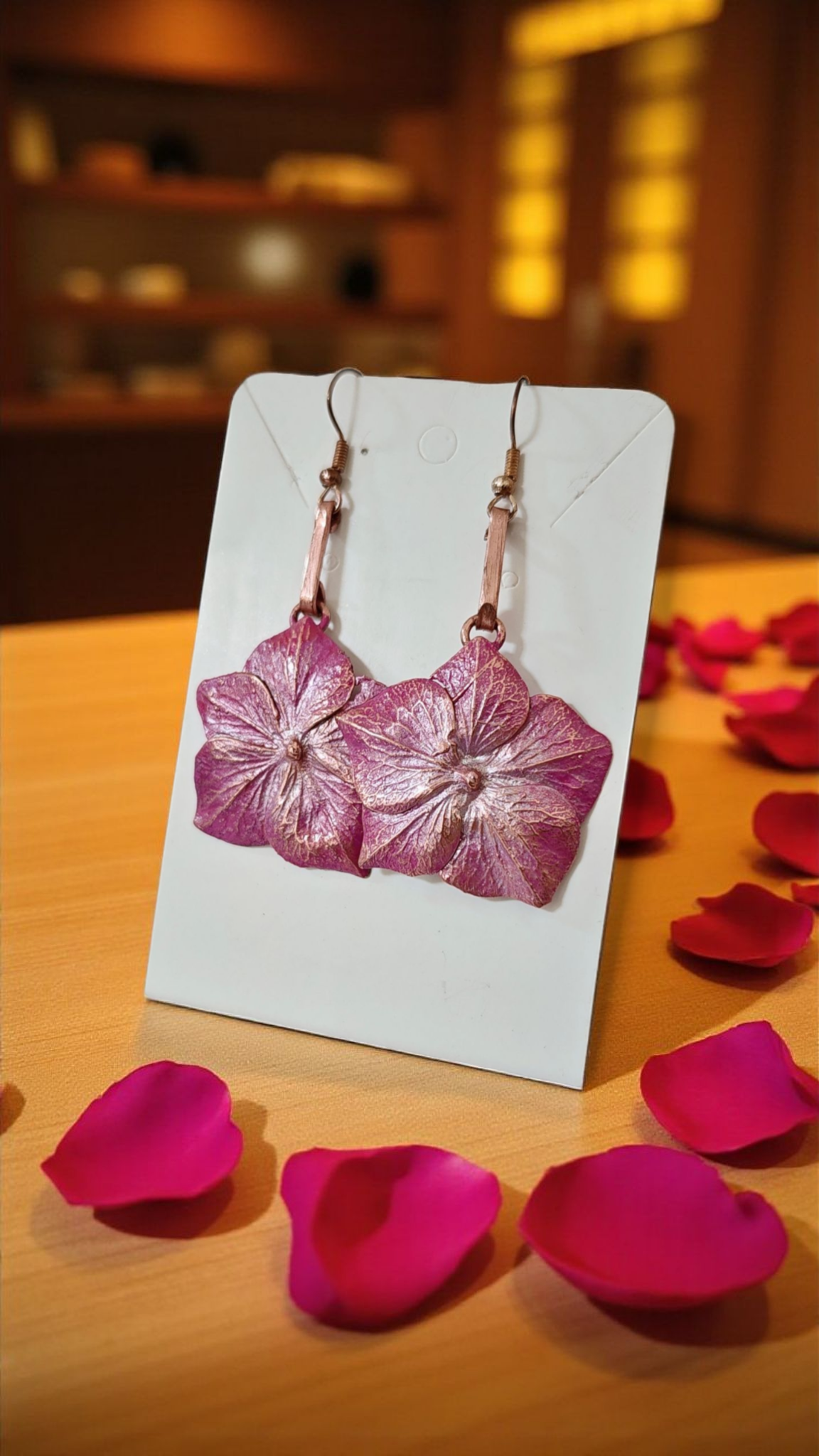 Hydrangea Flower Earrings, Purple Patina