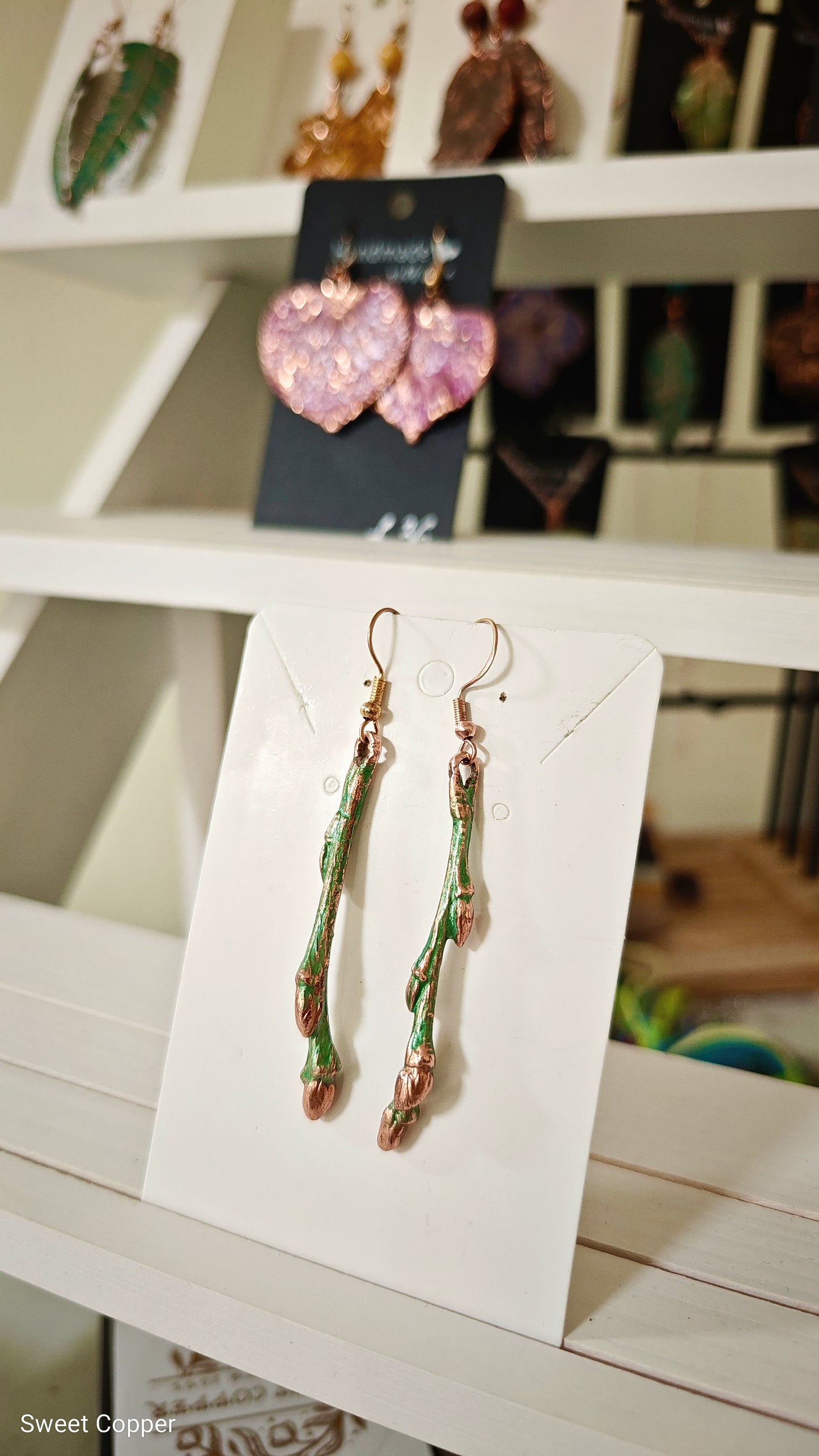 Botanical Twig Earrings with Buds, Green Patina