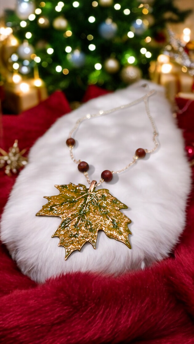Copper Pendant “Maple Leaf” with Jasper Beads