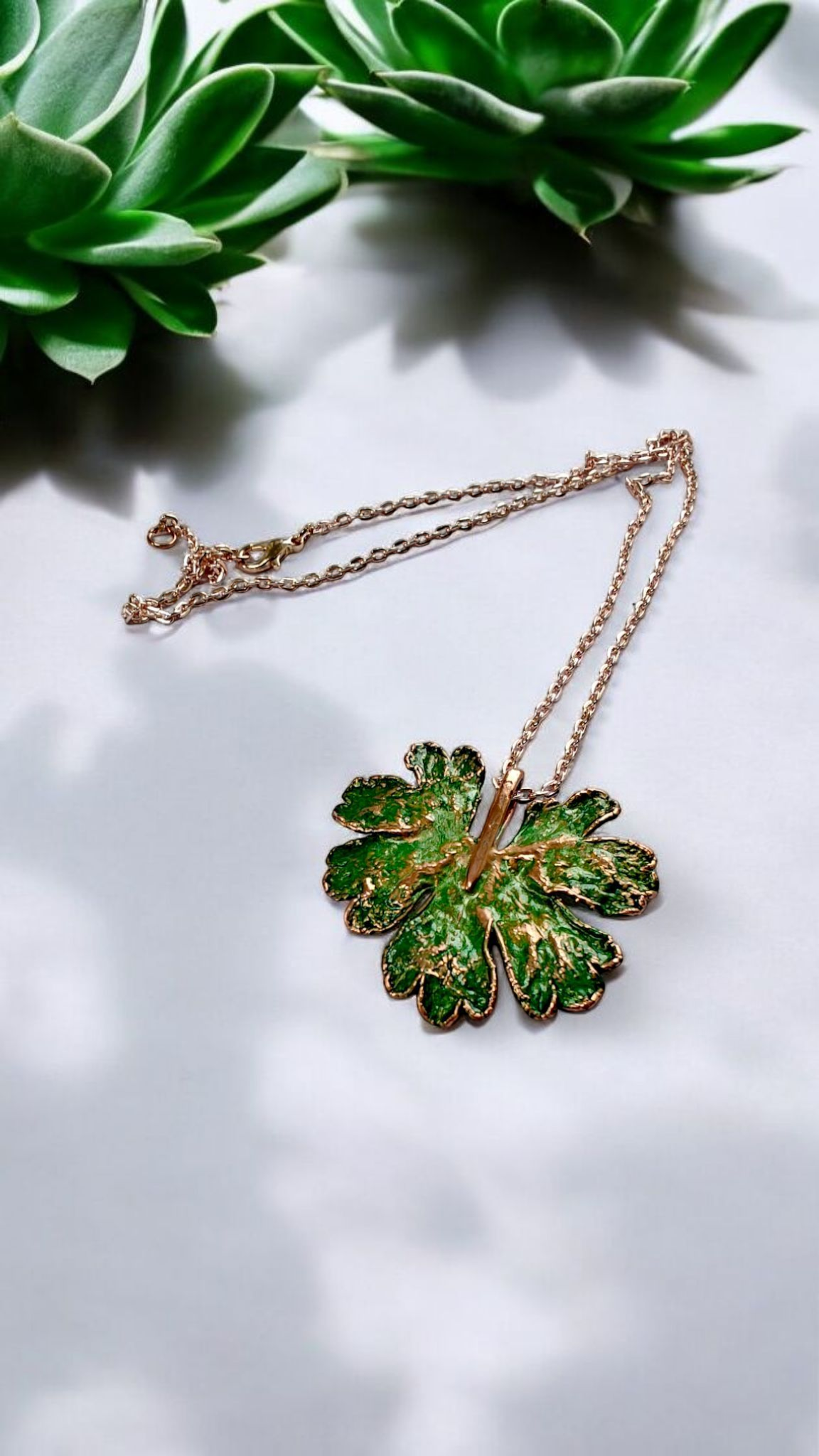 Copper Wild Geranium Leaf Pendant – Green Patina Designer Jewellery