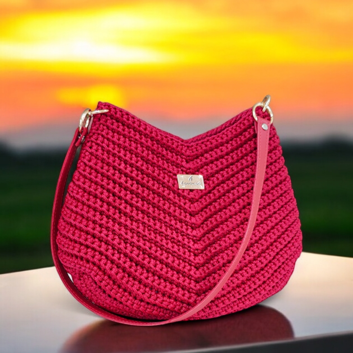Designer handmade crochet bag with leather strap – Sweet Copper