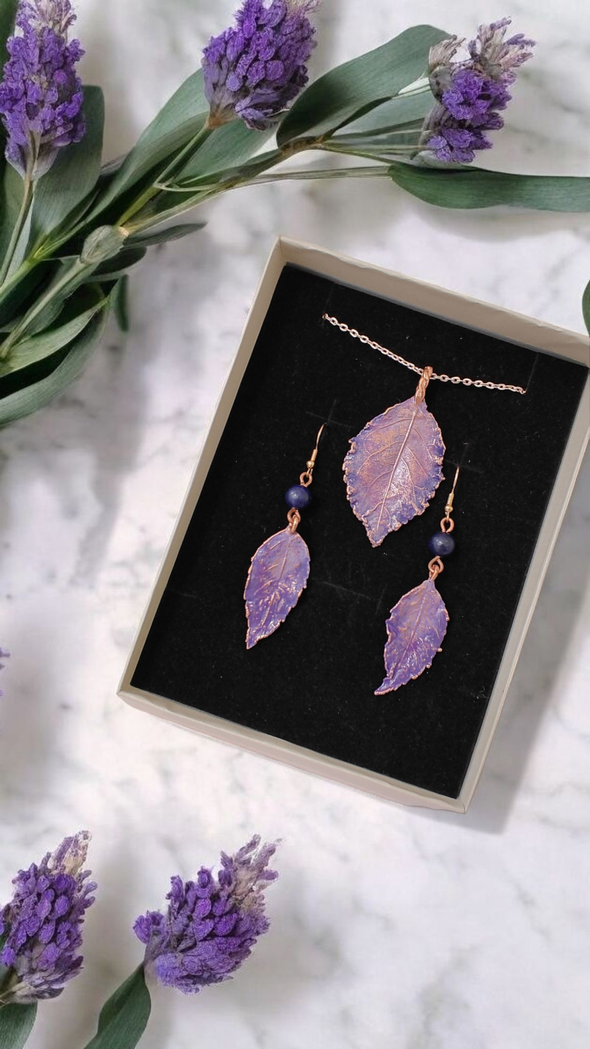 Copper Jewellery Set with Real Rose Leaves and Blue Agate