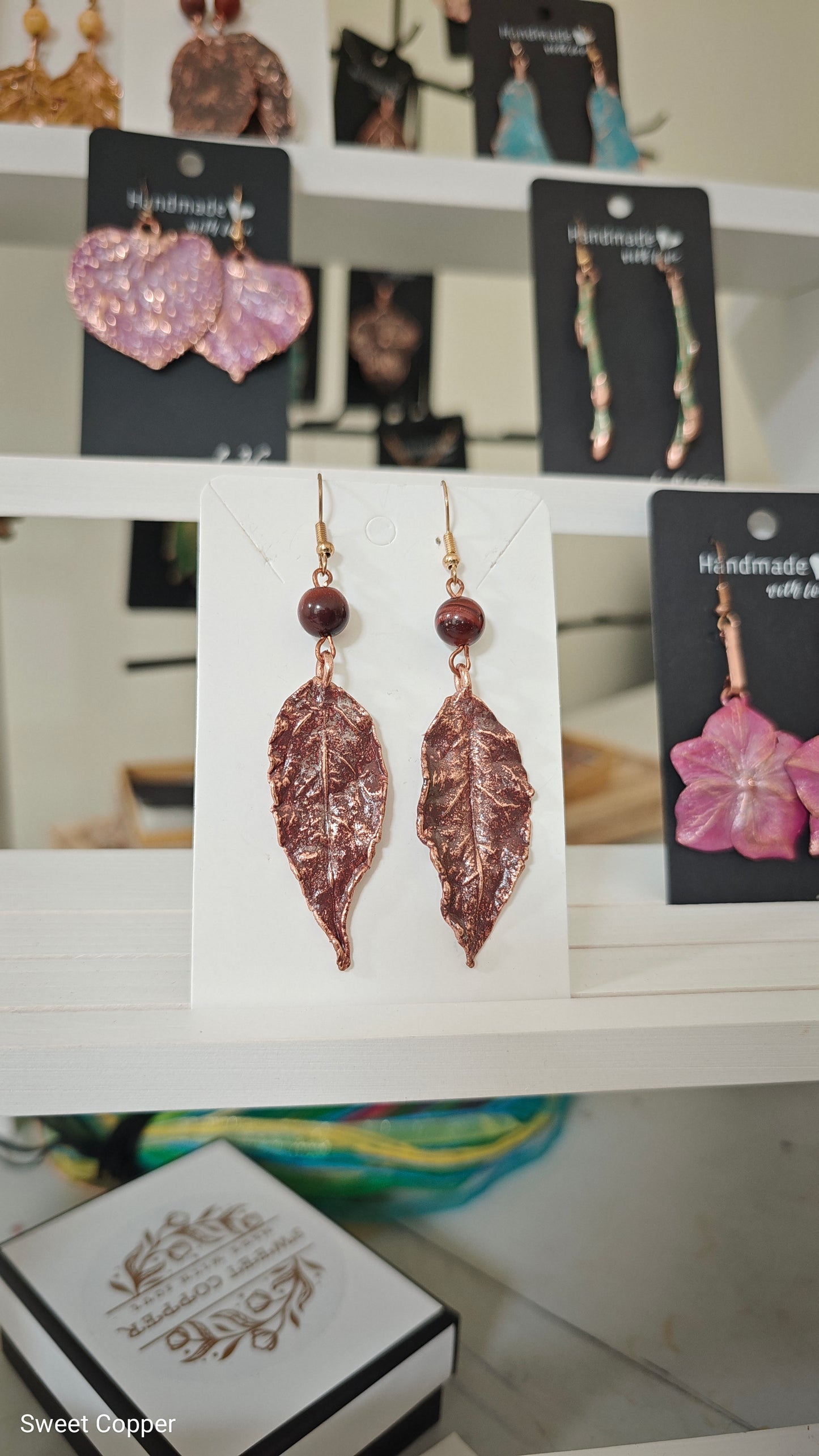 Red Oak Leaf Earrings with Tiger's Eye, Wine Patina
