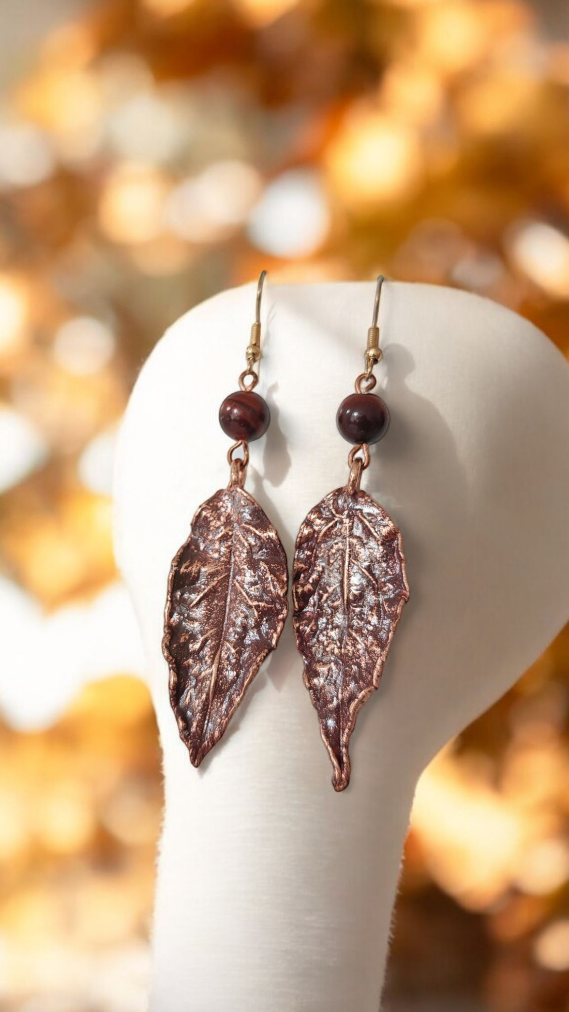 Red Oak Leaf Earrings with Tiger's Eye, Wine Patina
