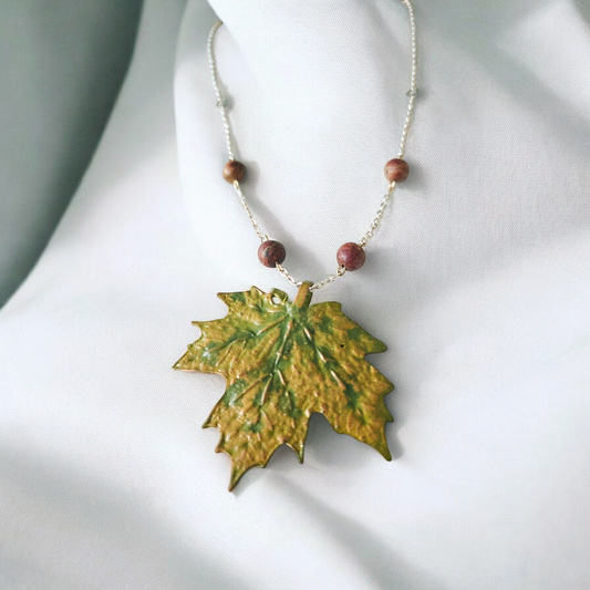 Copper Pendant “Maple Leaf” with Jasper Beads
