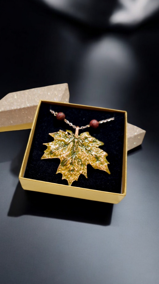 Copper Pendant “Maple Leaf” with Jasper Beads