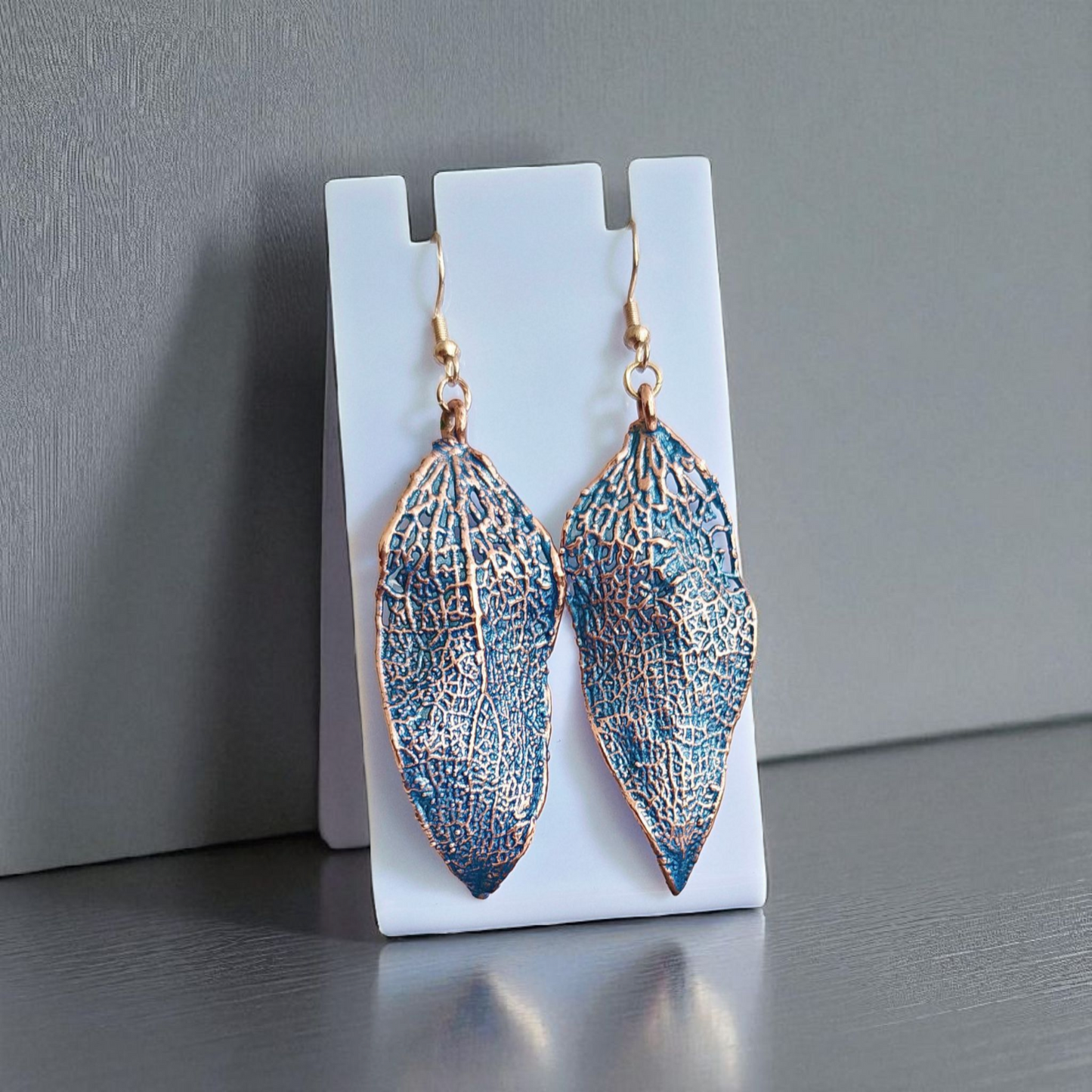 Skeleton Physalis Leaf Earrings, Turquoise Patina