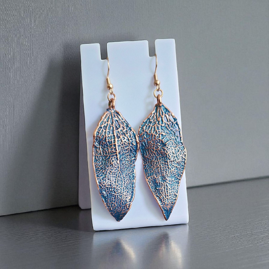 Skeleton Physalis Leaf Earrings, Turquoise Patina