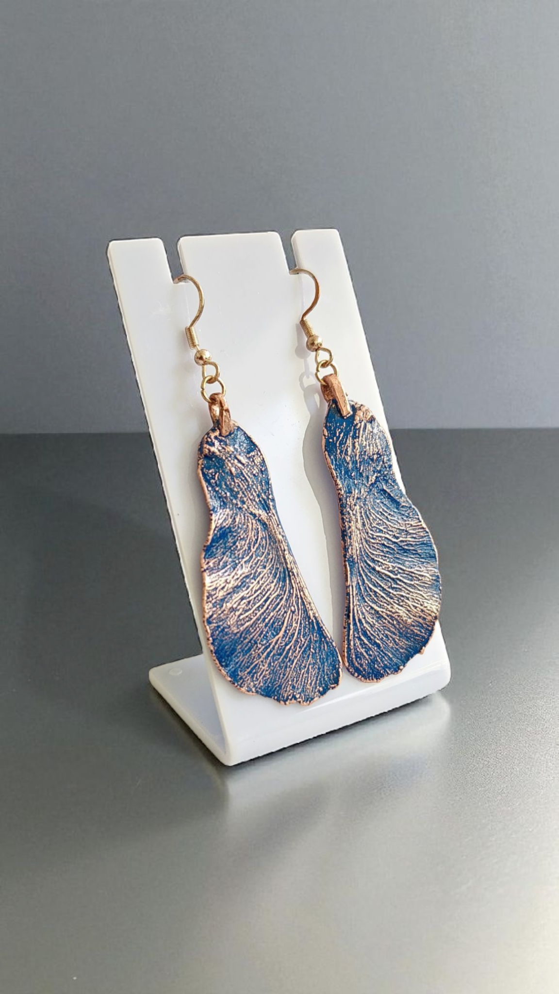 Maple Seed Wing Earrings, Blue Patina