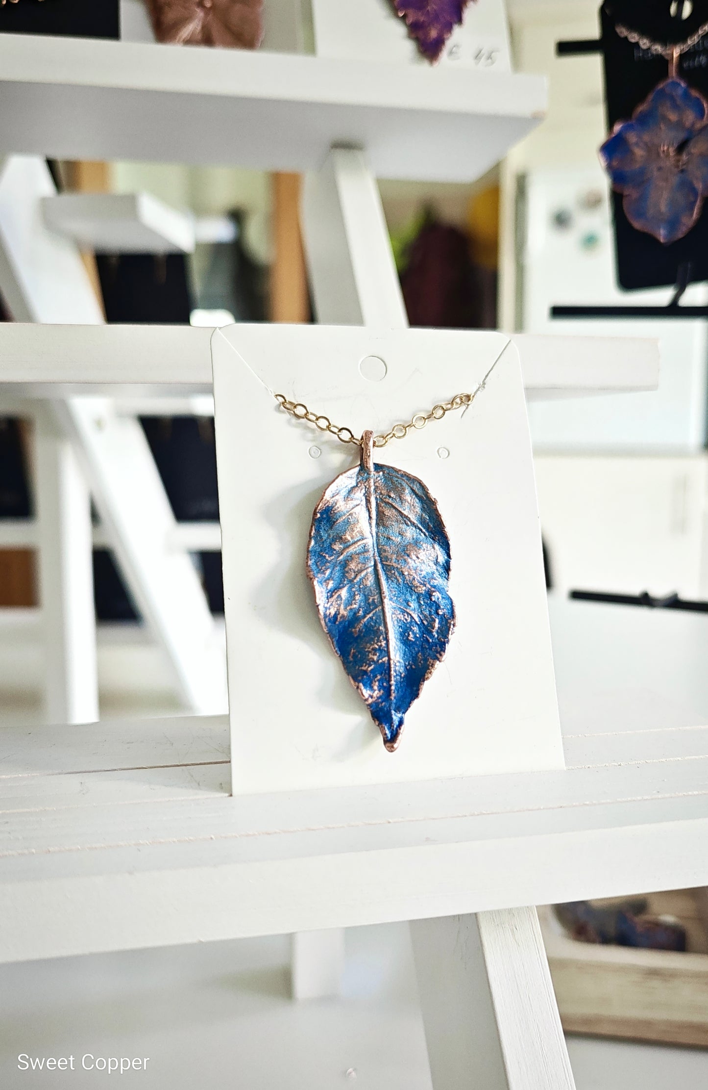 Copper Pendant “Wild Rose Leaf” with Blue Patina
