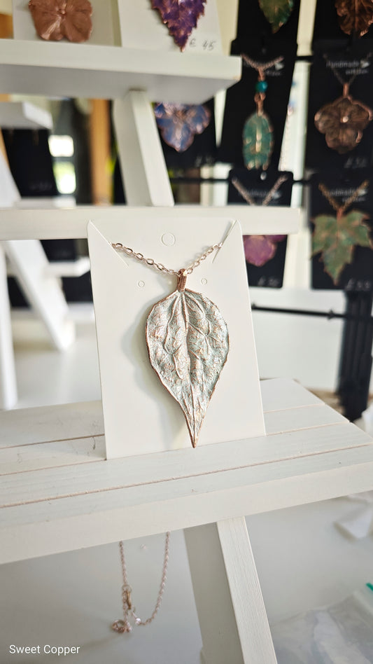 Copper Hosta Leaf Pendant. White Patina.