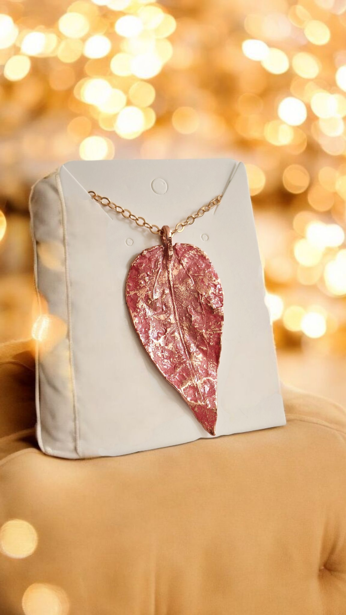 Copper Hosta Leaf Pendant. Pink Patina.