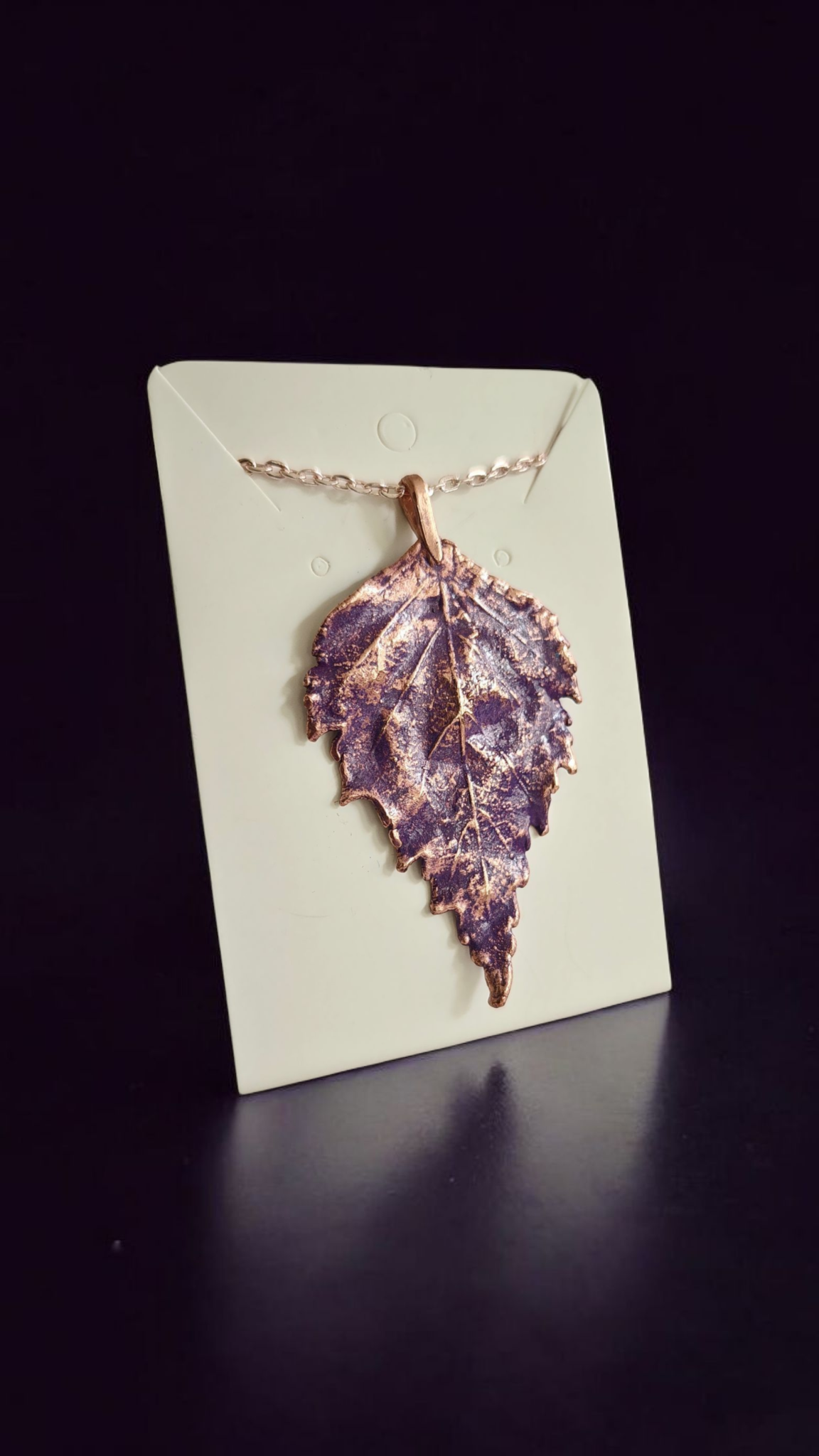 Copper Birch Leaf Pendant. Purple Patina.