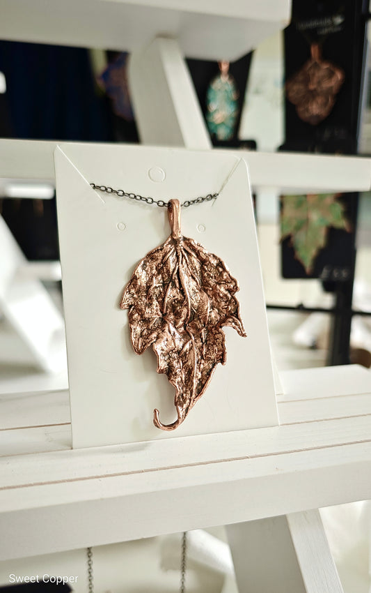 Copper Pendant from a Real Leaf with Natural Texture