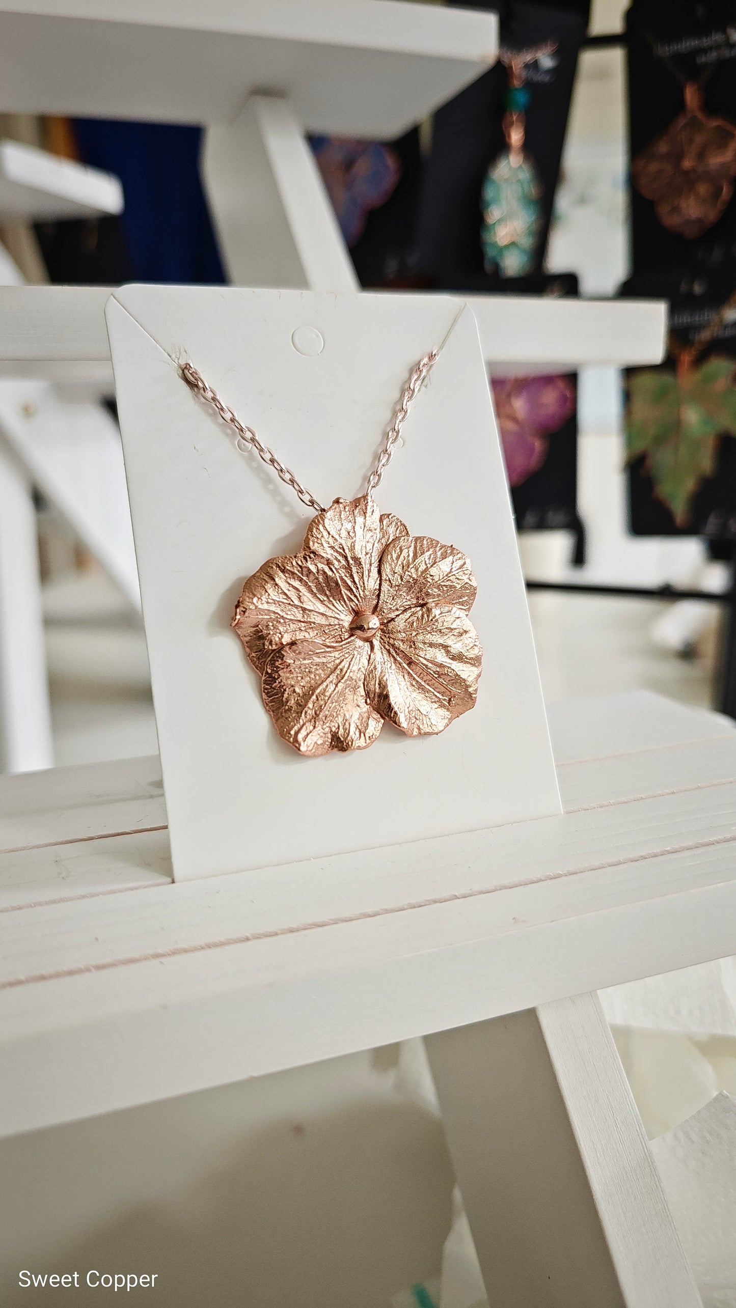 Hydrangea Flower Pendant Necklace, Pure Copper
