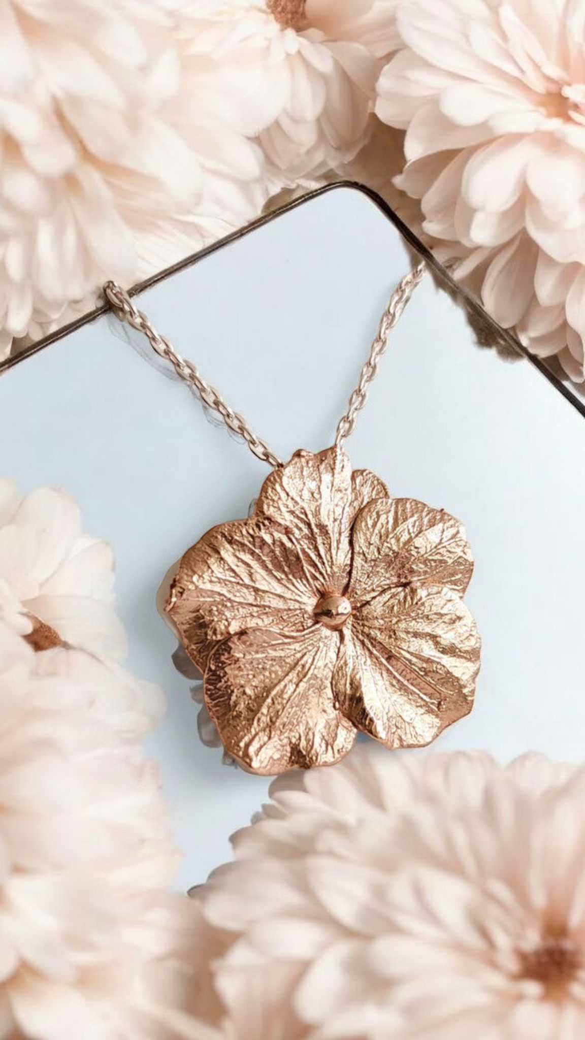 Hydrangea Flower Pendant Necklace, Pure Copper