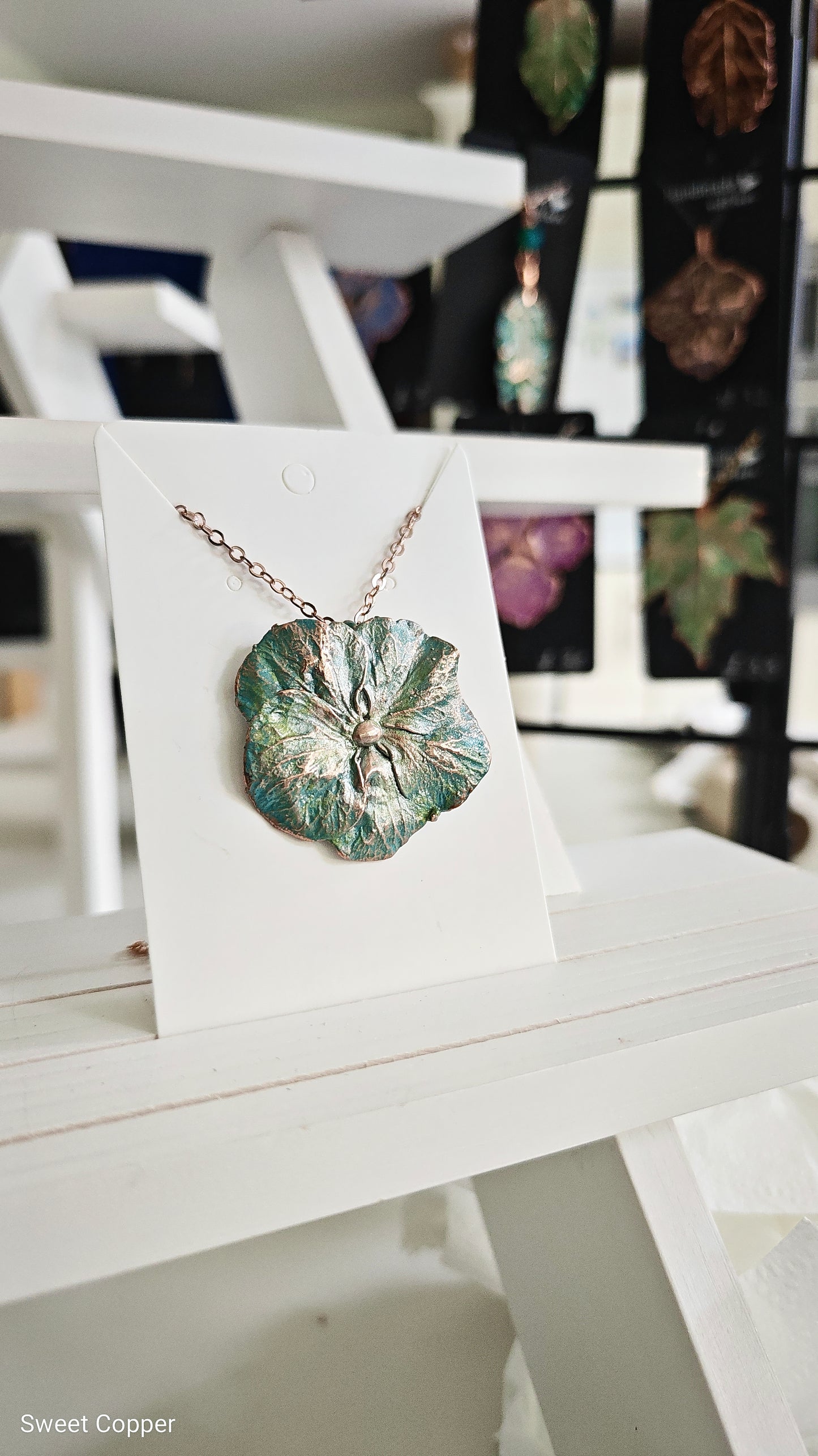 Copper Hydrangea Flower Pendant – Soft Turquoise Patina Designer Jewellery
