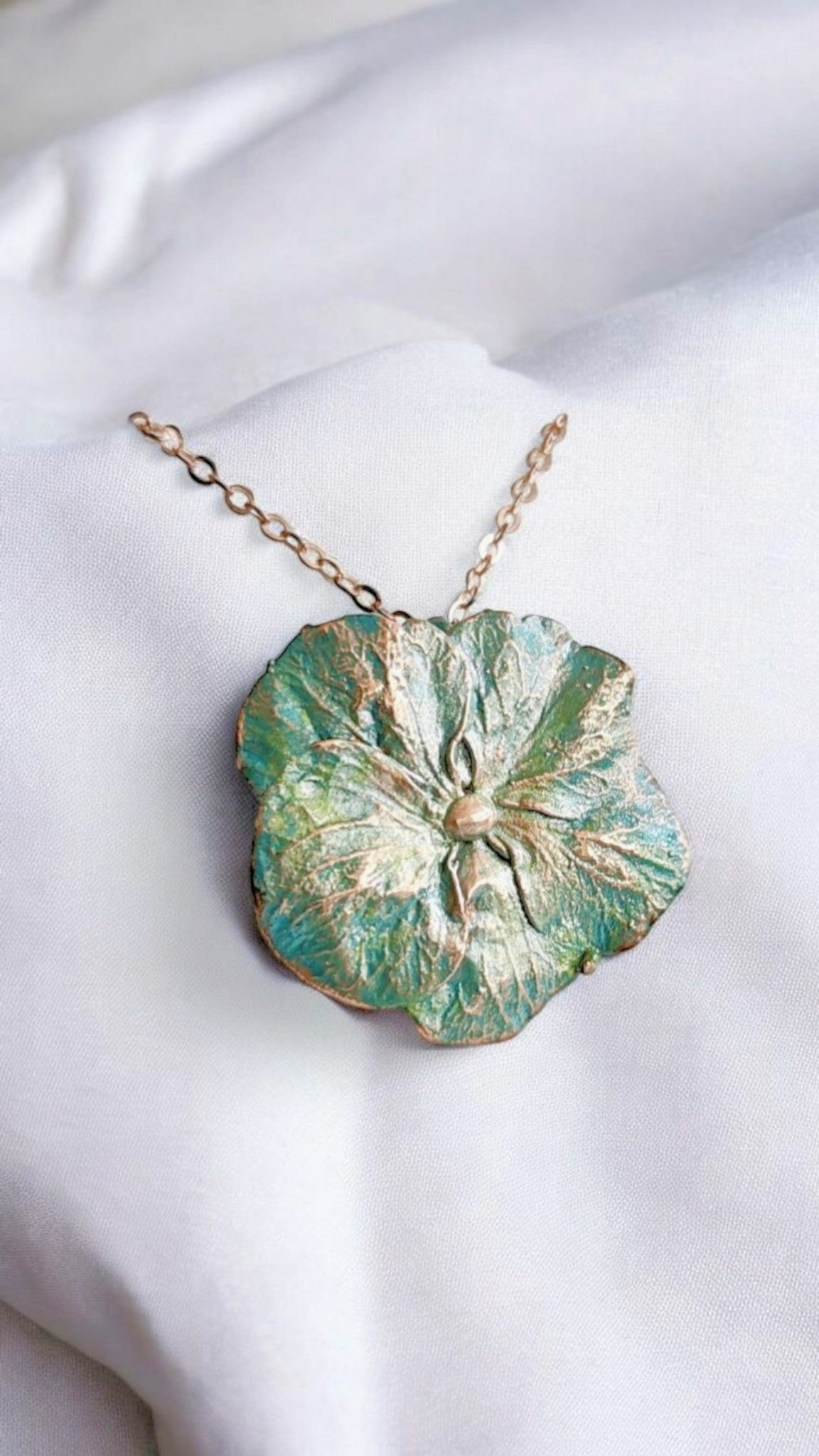Copper Hydrangea Flower Pendant – Soft Turquoise Patina Designer Jewellery