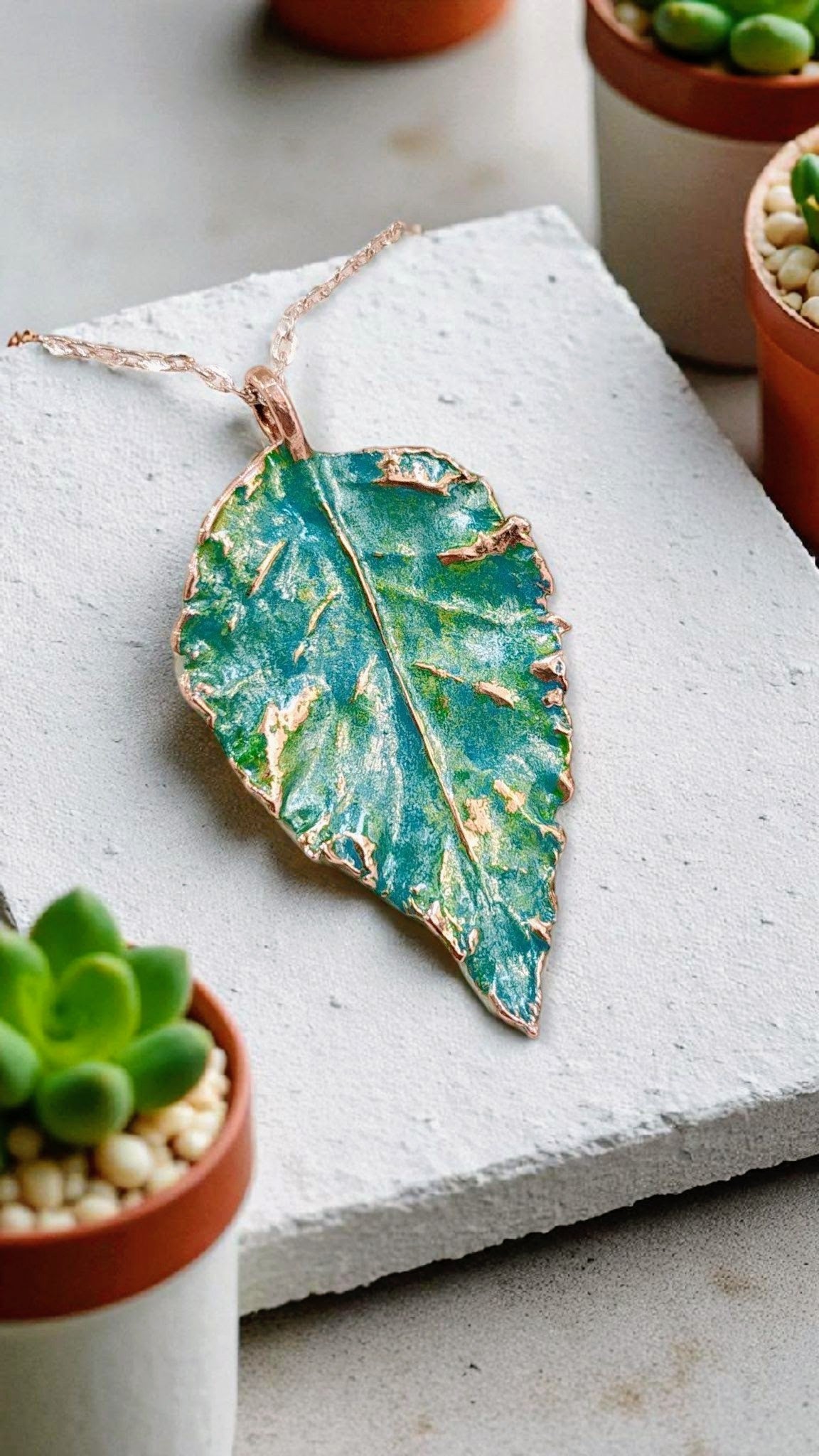 Copper Wild Rose Leaf Pendant – Green Patina Designer Jewellery