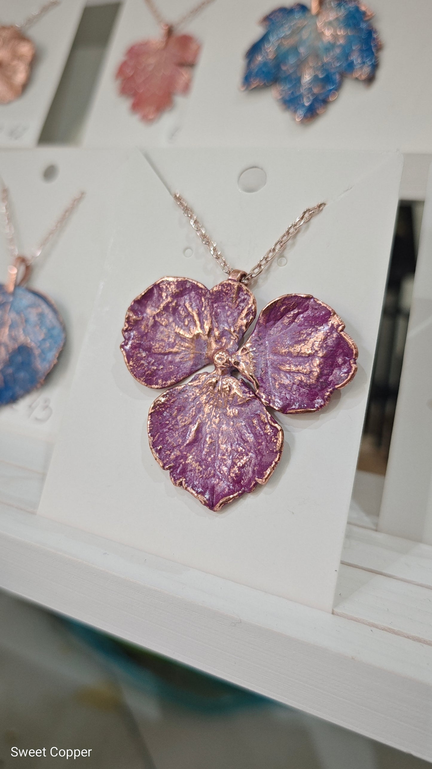 Hydrangea Flower Pendant Necklace, Crimson-Purple Patina