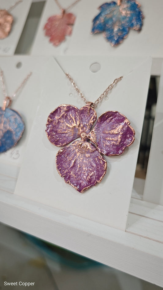 Hydrangea Flower Pendant Necklace, Crimson-Purple Patina