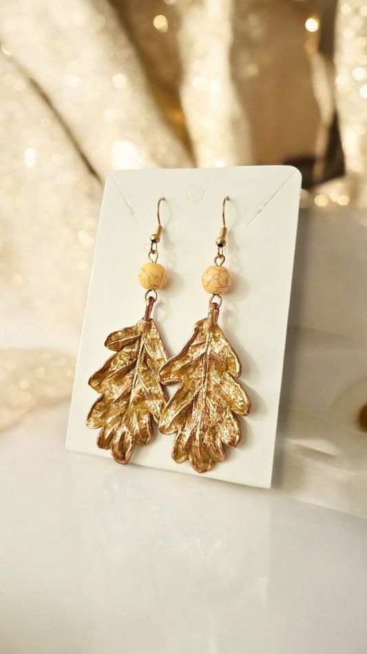 Oak Leaf Earrings with Yellow Howlite, Golden Patina