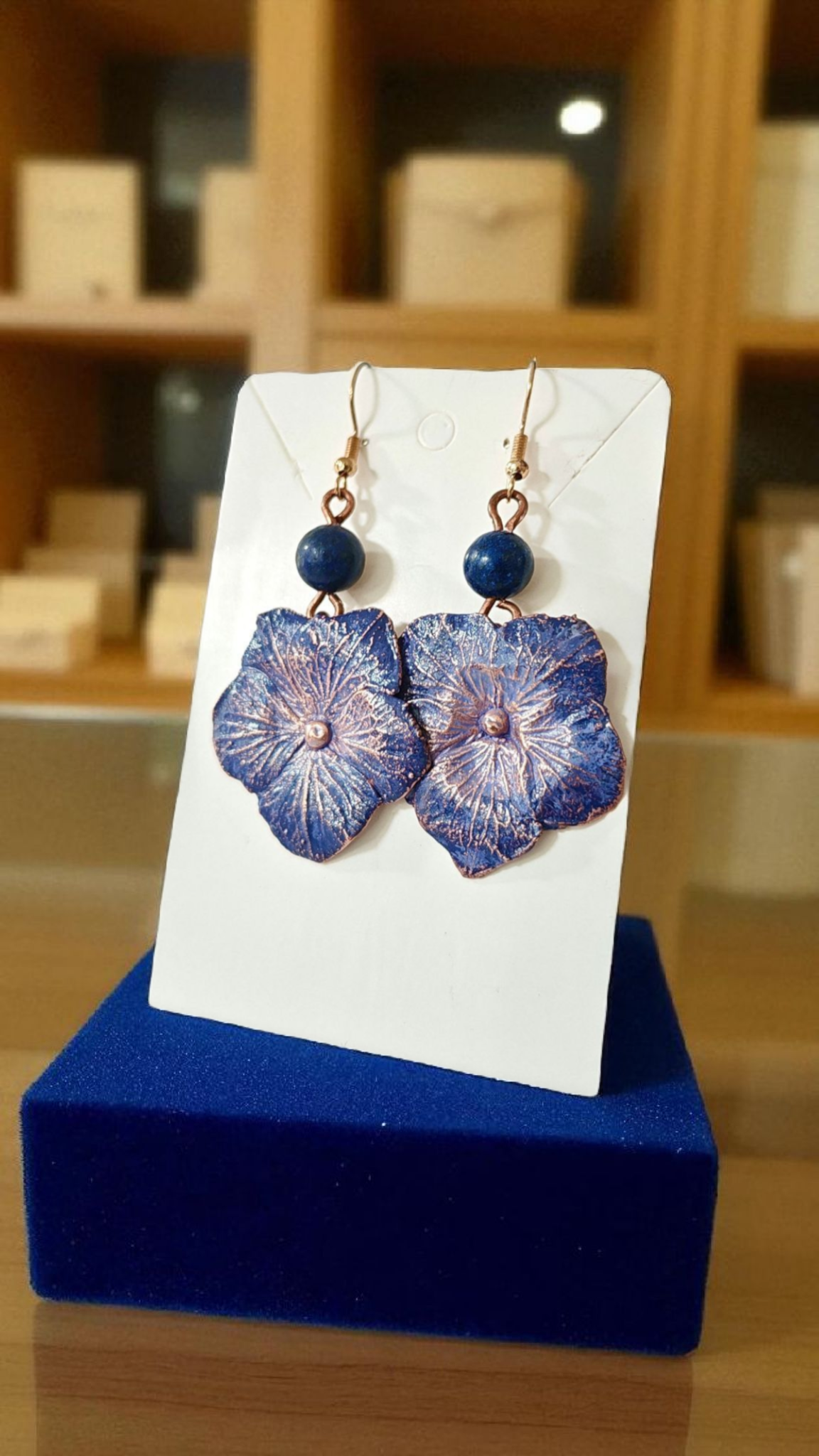 Hydrangea Flower Earrings with Blue Howlite, Blue Patina