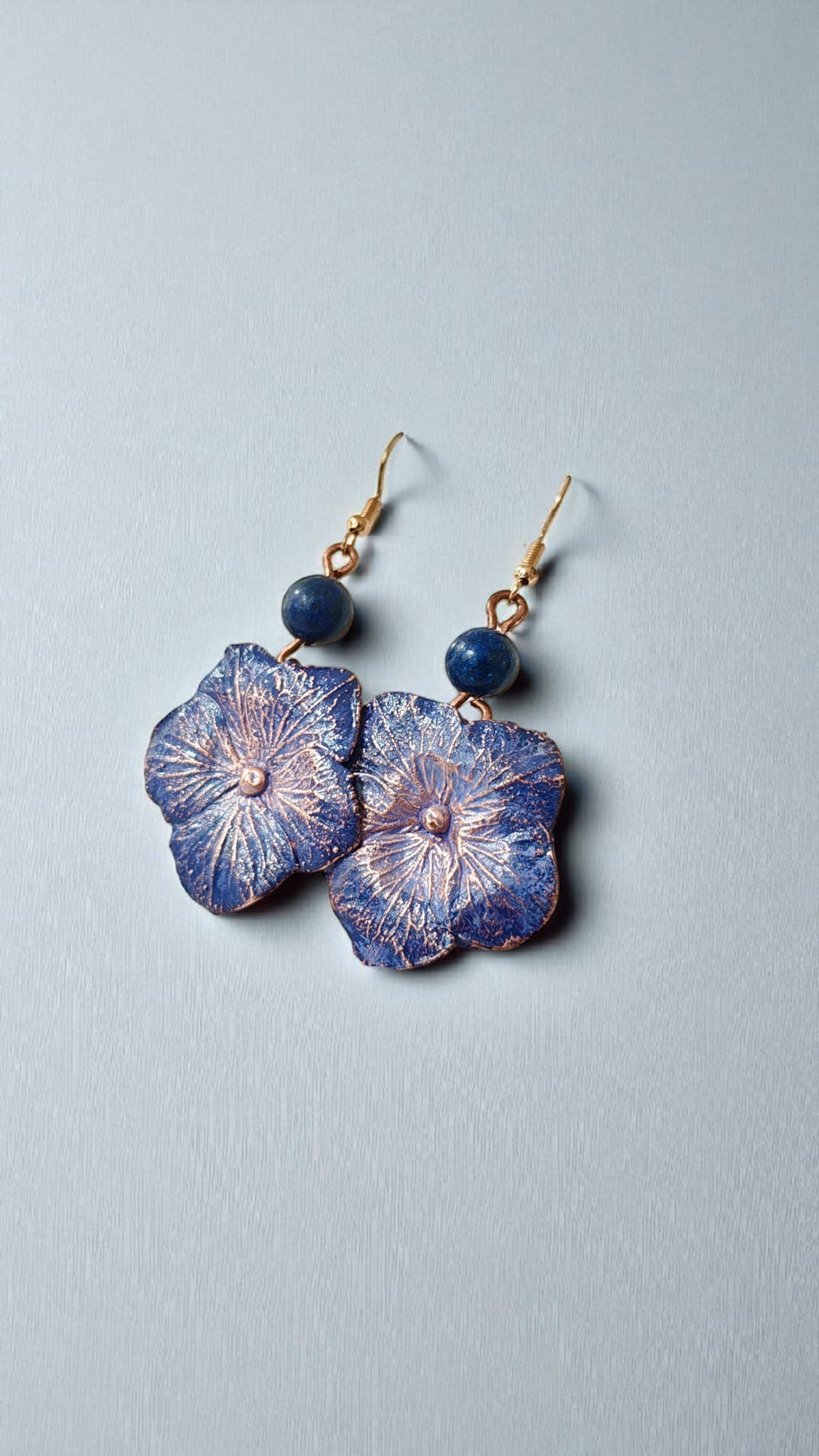 Hydrangea Flower Earrings with Blue Howlite, Blue Patina