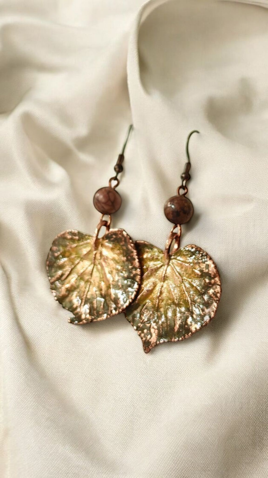 Copper Linden Leaf Earrings with Green Patina and Picture Jasper