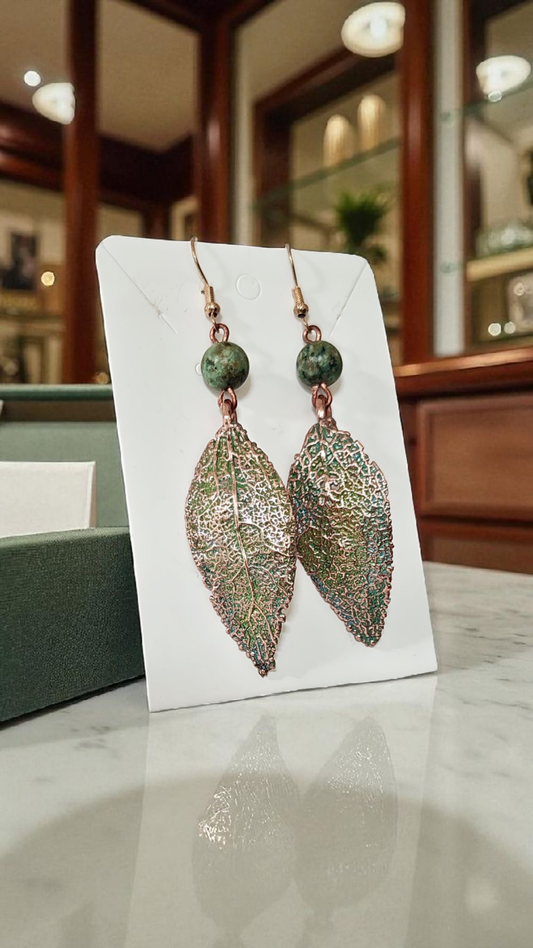 Copper Physalis Earrings with Natural Serpentine