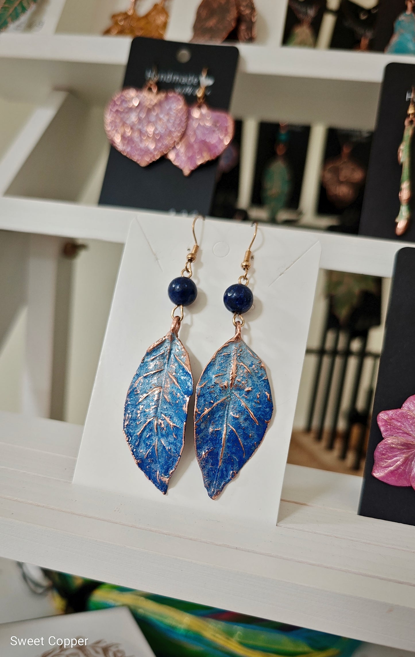 Wild Rose Petal Earrings with Blue Howlite, Blue Patina