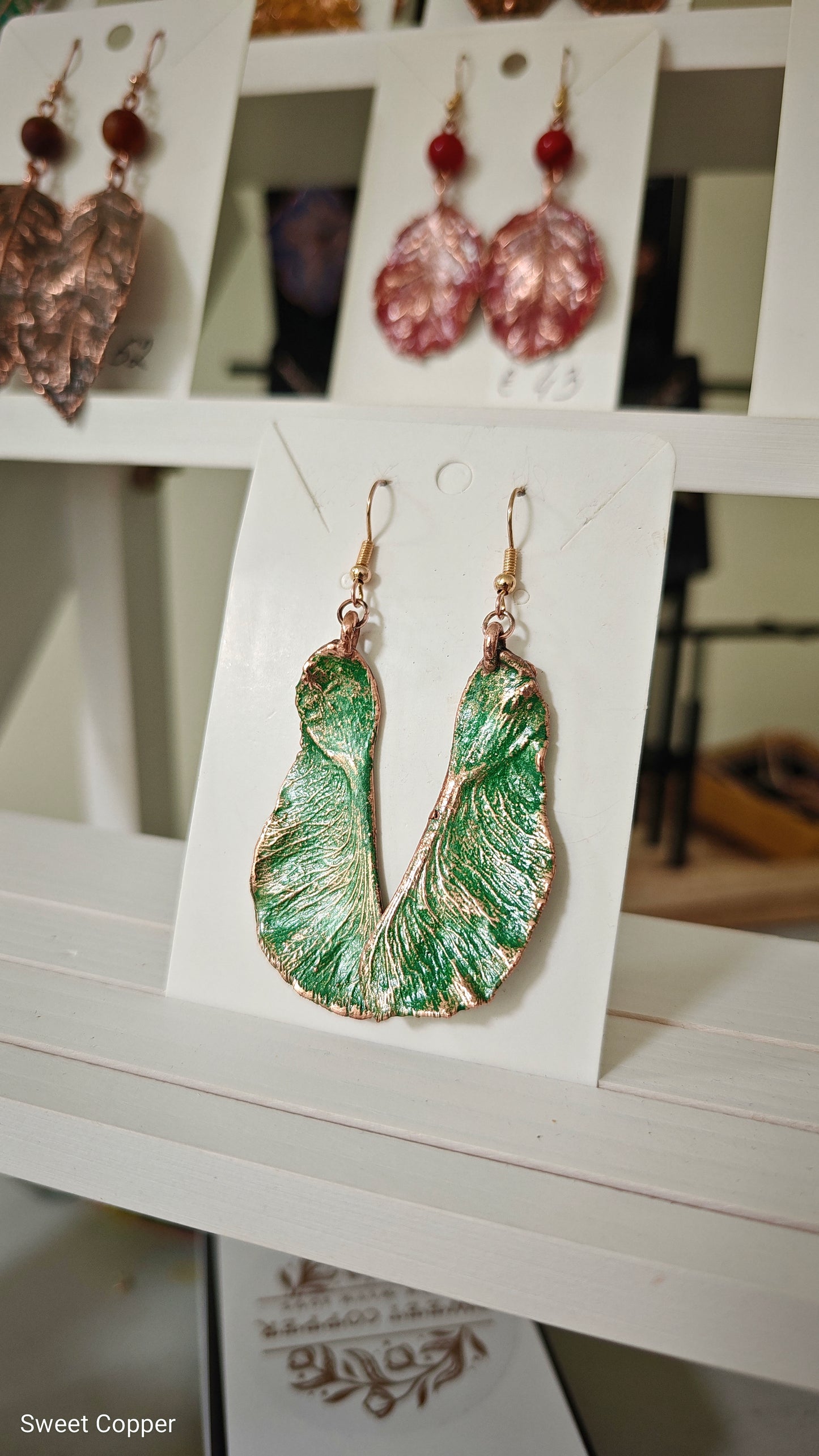 Maple Seed Earrings with Green Patina — Electroformed Copper