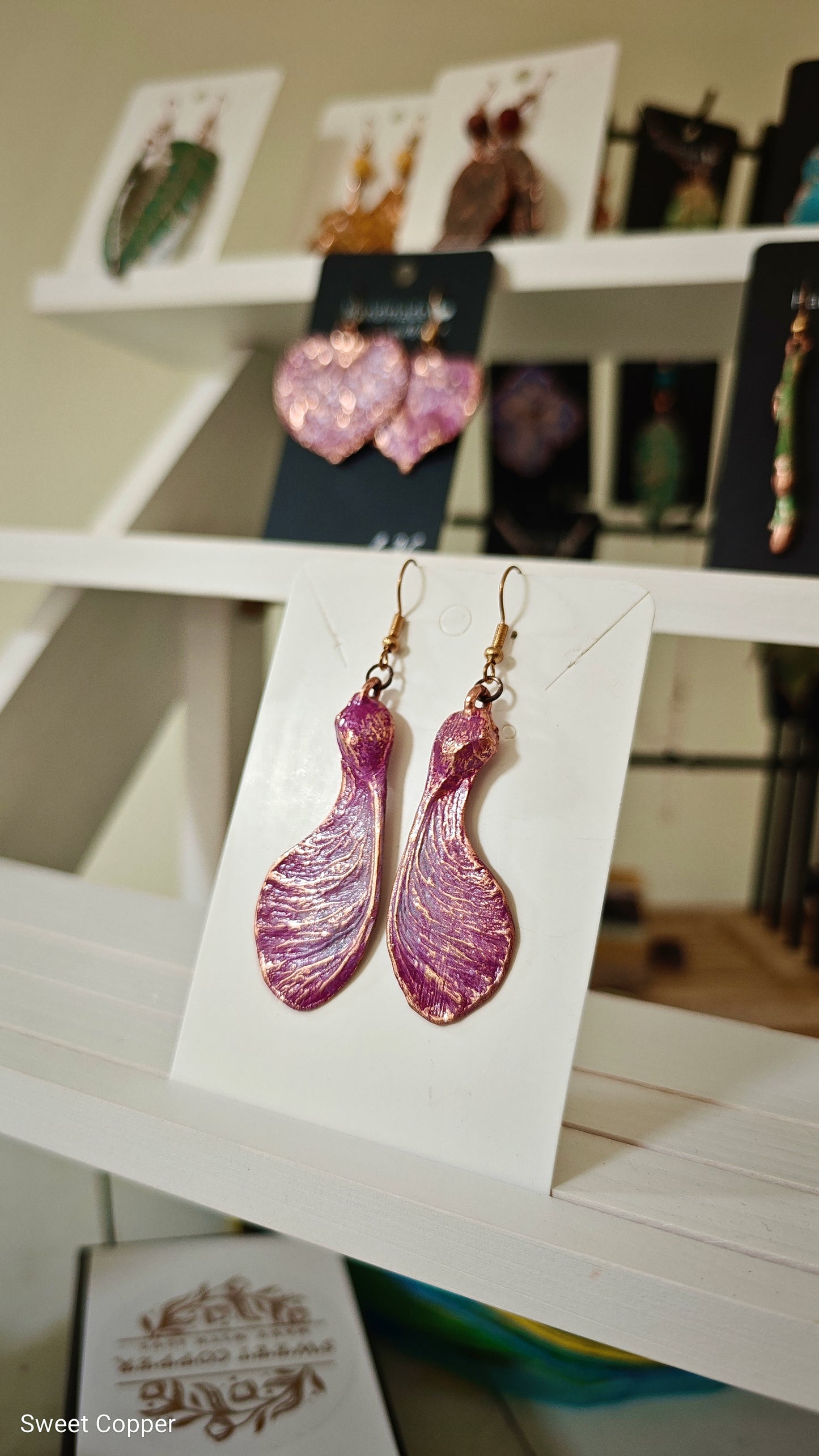 Maple Seed Earrings with Lilac-Pink Patina — Electroformed Copper