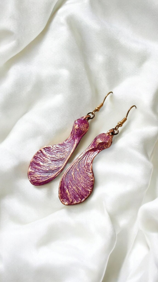 Maple Seed Earrings with Lilac-Pink Patina — Electroformed Copper