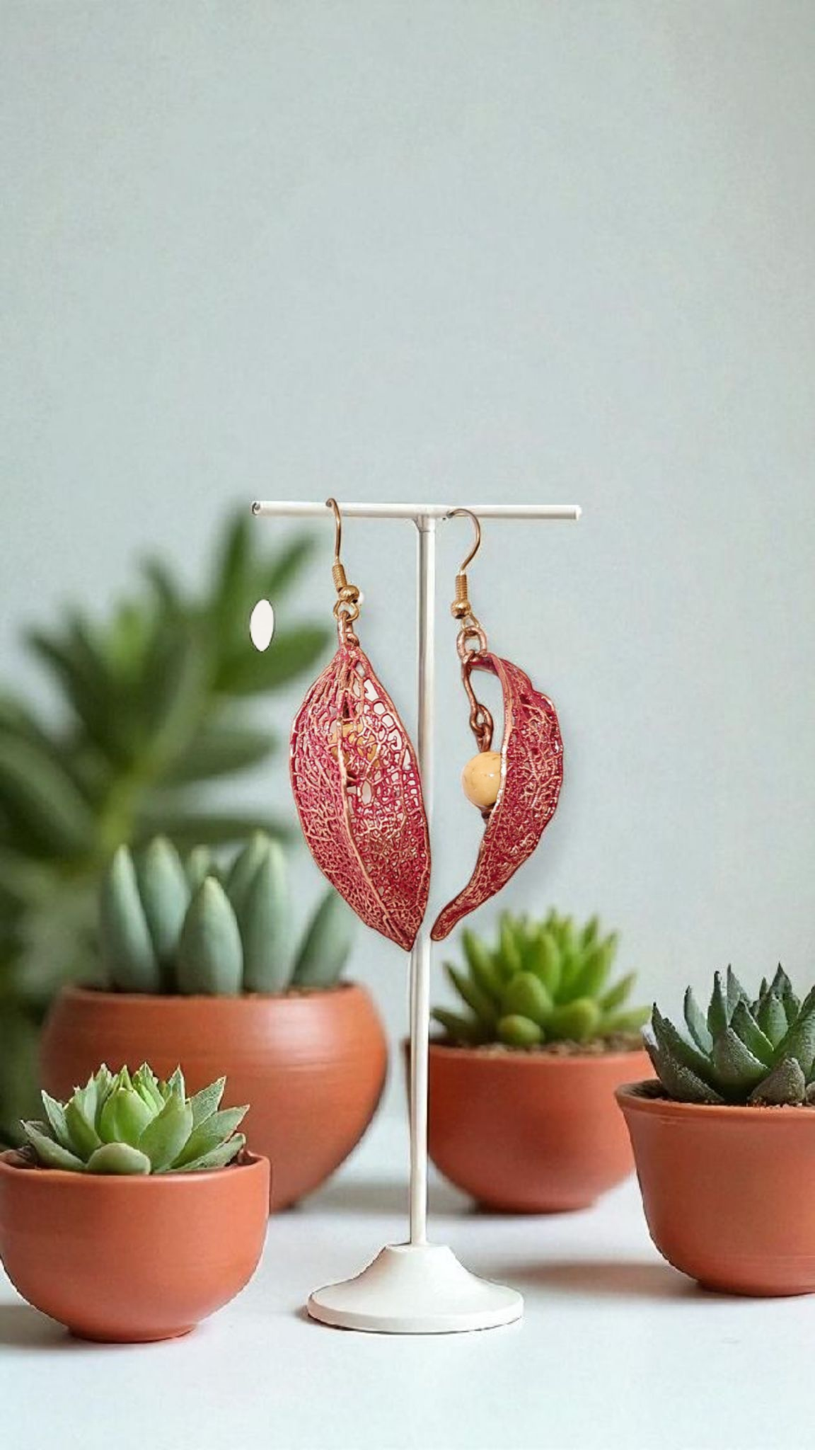 Skeletonized Physalis Petal Earrings with Lemon Howlite Bead
