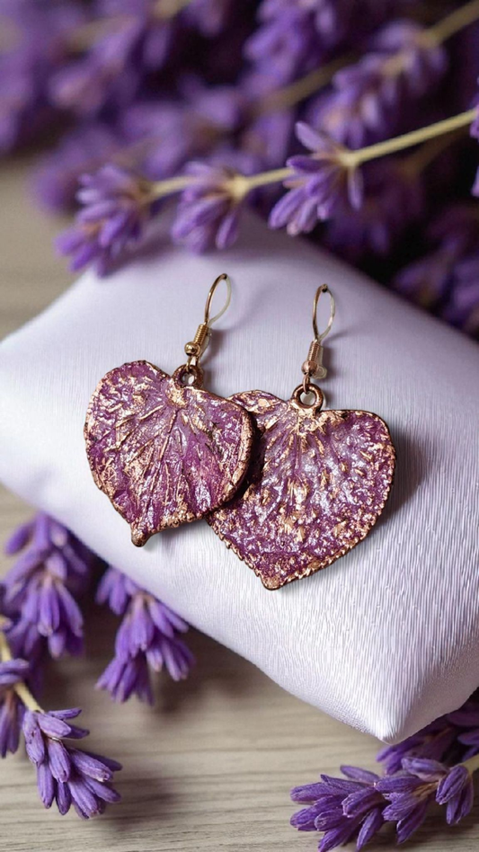 Linden Leaf Heart Earrings, Crimson Patina
