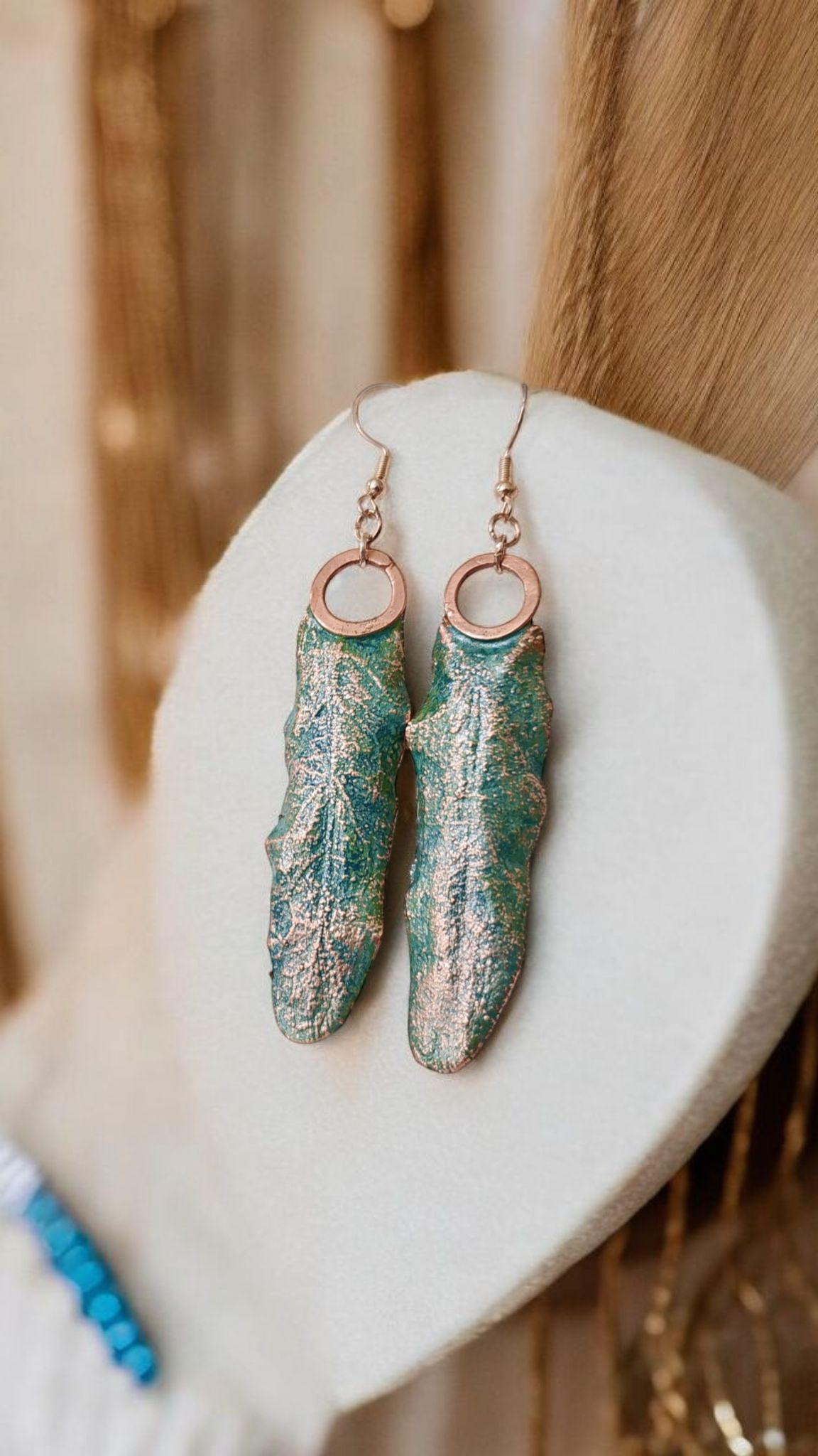 Linden Leaf Earrings, Turquoise Patina