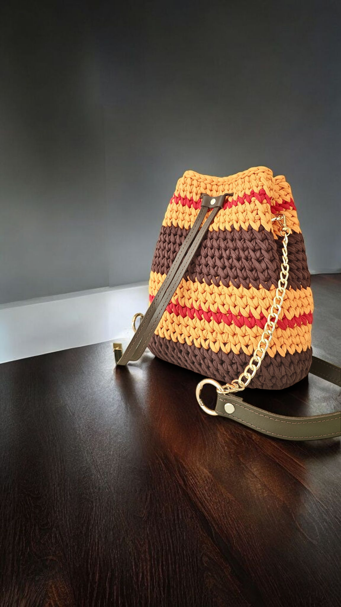 Crochet Bucket Bag in Terracotta and Brown