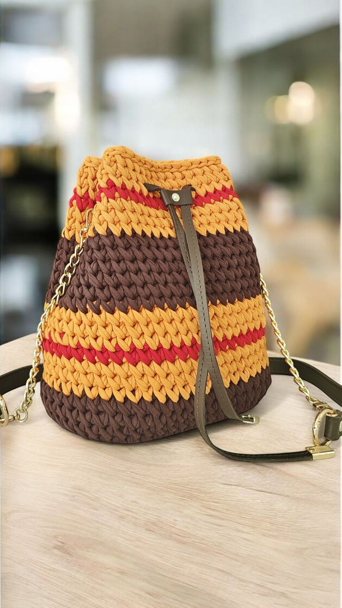 Crochet Bucket Bag in Terracotta and Brown