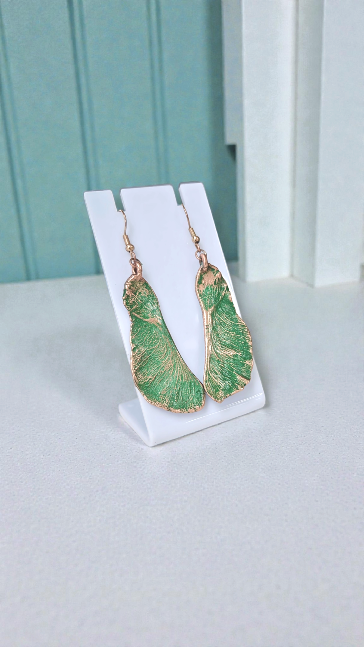 Maple Seed Earrings with Green Patina — Electroformed Copper