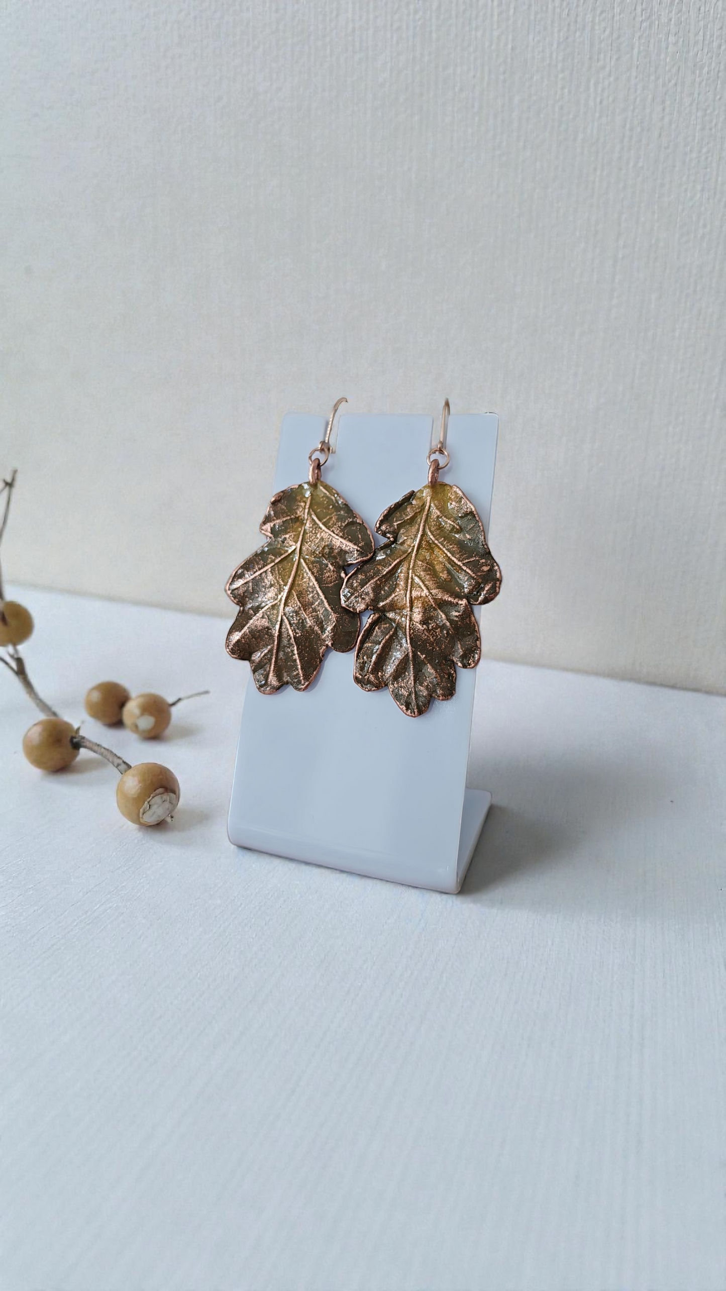 Oak Leaf Earrings, Olive Patina