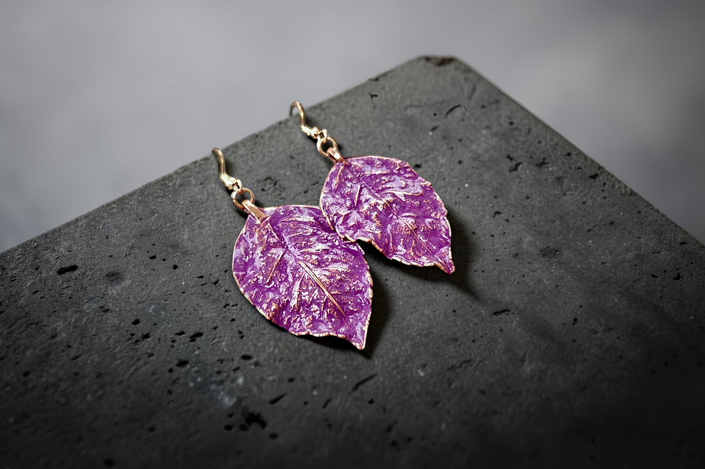 Wild Rose Leaf Earrings in Purple Patina