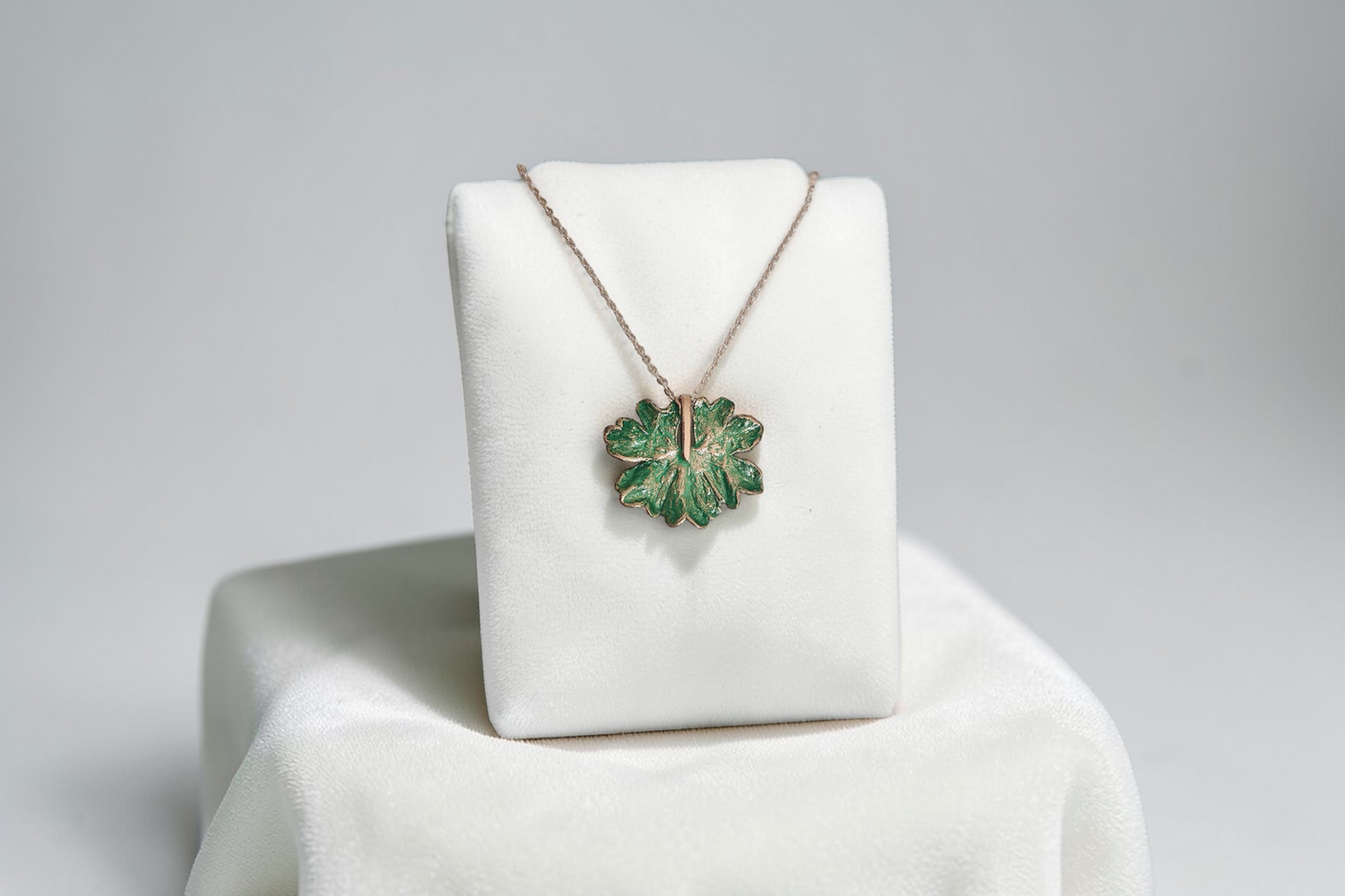 Copper Wild Geranium Leaf Pendant – Green Patina Designer Jewellery