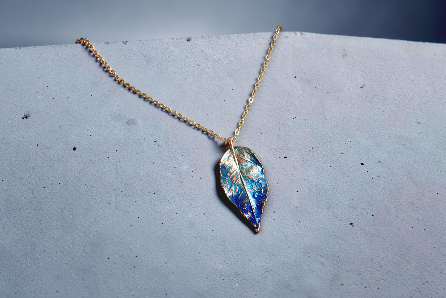Copper Pendant “Wild Rose Leaf” with Blue Patina